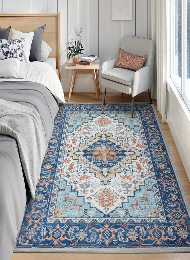 Lofus 5x7 Area Rugs for Living Room, Washable Area Rug, Rugs for Bedroom, Kitchen, Vintage Boho Carpet, Soft Non-Slip, Low Pile Large Area Rug for Office Dining Room, Floral Blue - Image 3