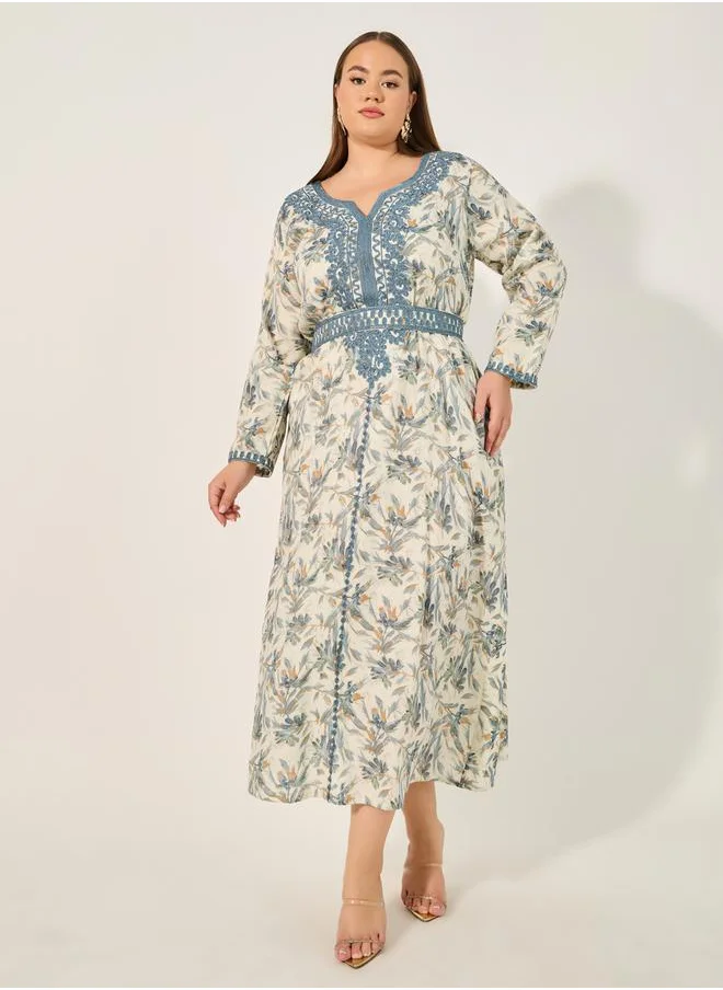 Styli Floral Printed Embroidered Belted Kaftan