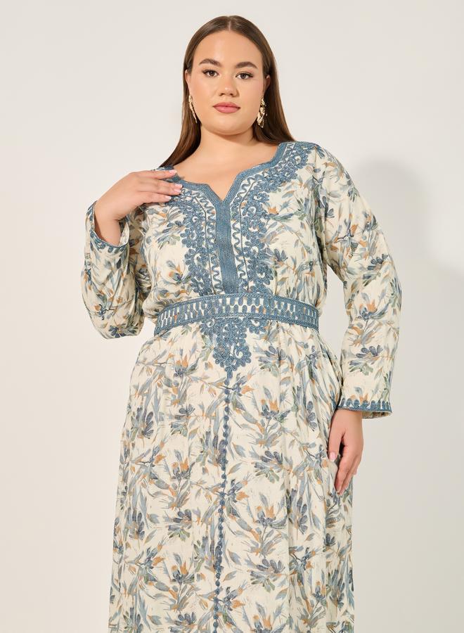Styli Floral Printed Embroidered Belted Kaftan - Image 3