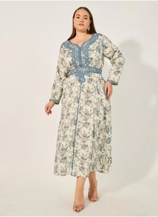 ستايلي Styli Floral Printed Embroidered Belted Kaftan