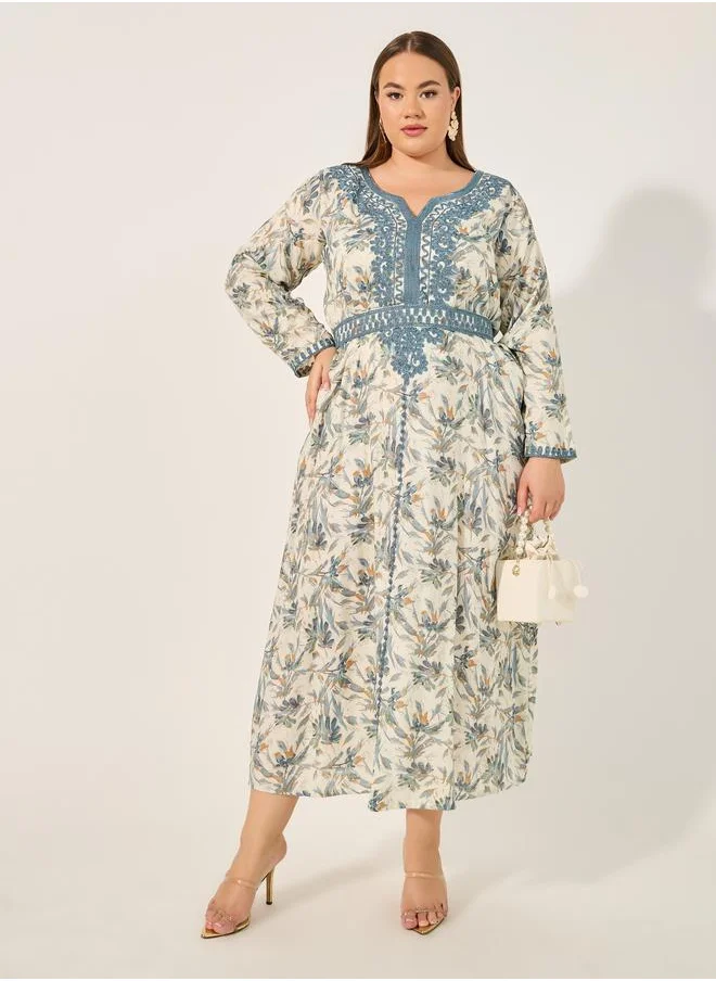 ستايلي Styli Floral Printed Embroidered Belted Kaftan