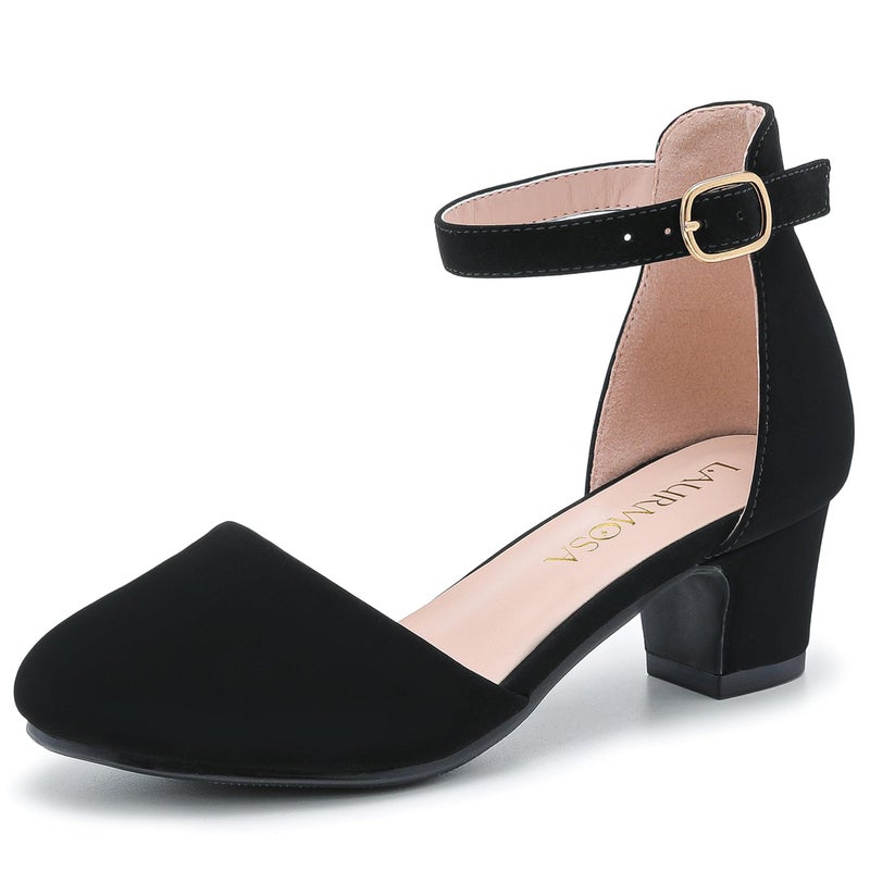 LAURMOSA Black Dress Shoes for Girls Chunky Block Heels for Little Big Kids Princess Flower Girl Shoes for Wedding Party Closed Round Toe Pumps with Ankle Strap(L1012 Black 4) - Image 1