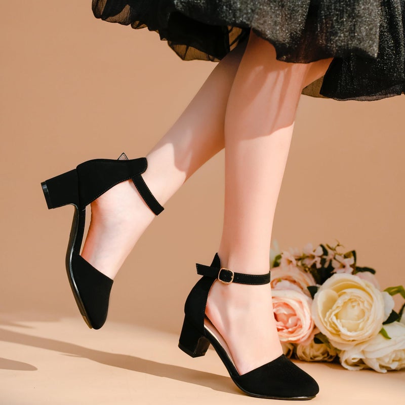 LAURMOSA Black Dress Shoes for Girls Chunky Block Heels for Little Big Kids Princess Flower Girl Shoes for Wedding Party Closed Round Toe Pumps with Ankle Strap(L1012 Black 4) - Image 2
