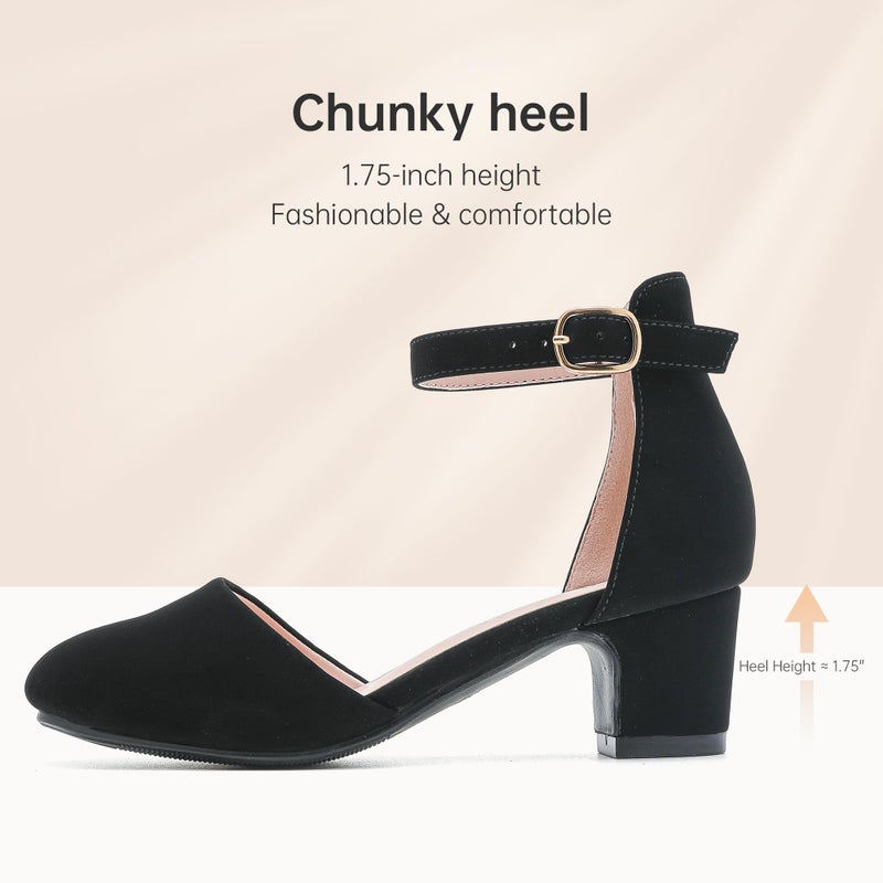 LAURMOSA Black Dress Shoes for Girls Chunky Block Heels for Little Big Kids Princess Flower Girl Shoes for Wedding Party Closed Round Toe Pumps with Ankle Strap(L1012 Black 4) - Image 5