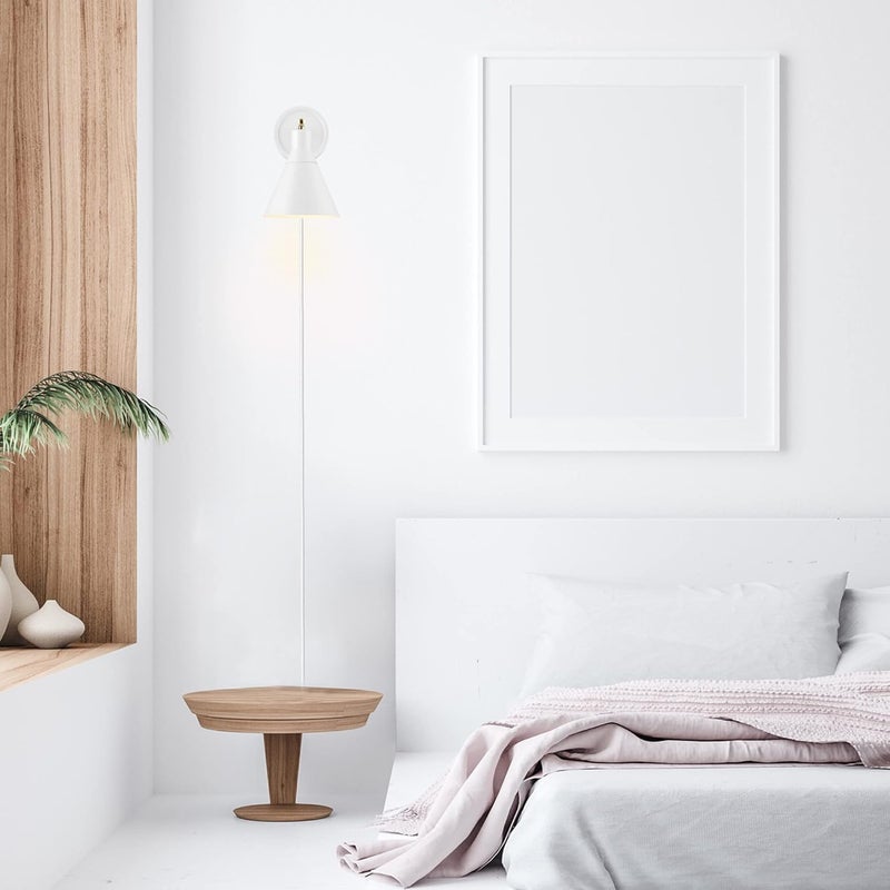 Globe Electric 65542 1-Light Plug-in or Hardwire Wall Sconce, Matte White, Brass Accent, Stepless Dimming Rotary Switch, Fabric Cord, Modern Lighting for Apartment or Renters, Home Decor - Image 4