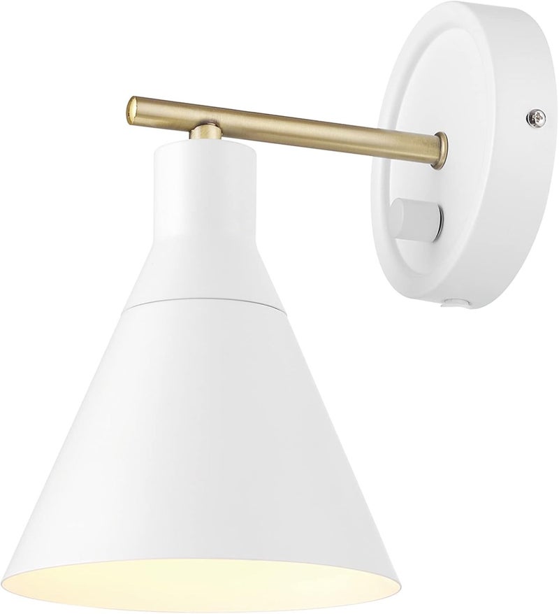 Globe Electric 65542 1-Light Plug-in or Hardwire Wall Sconce, Matte White, Brass Accent, Stepless Dimming Rotary Switch, Fabric Cord, Modern Lighting for Apartment or Renters, Home Decor - Image 1