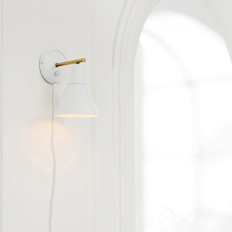 Globe Electric 65542 1-Light Plug-in or Hardwire Wall Sconce, Matte White, Brass Accent, Stepless Dimming Rotary Switch, Fabric Cord, Modern Lighting for Apartment or Renters, Home Decor - Image 5