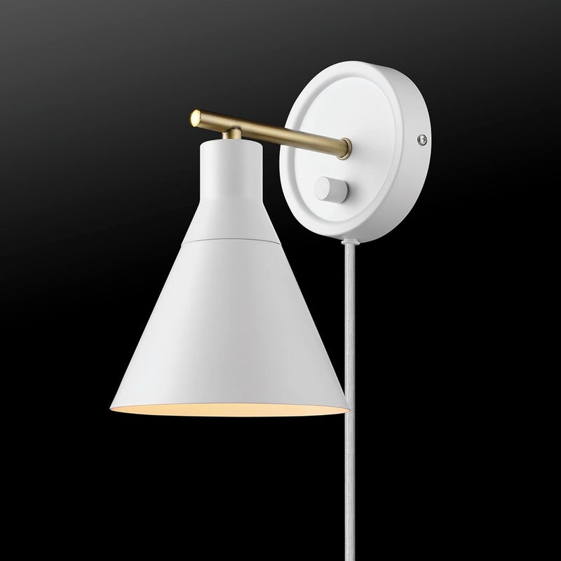 Globe Electric 65542 1-Light Plug-in or Hardwire Wall Sconce, Matte White, Brass Accent, Stepless Dimming Rotary Switch, Fabric Cord, Modern Lighting for Apartment or Renters, Home Decor - Image 2