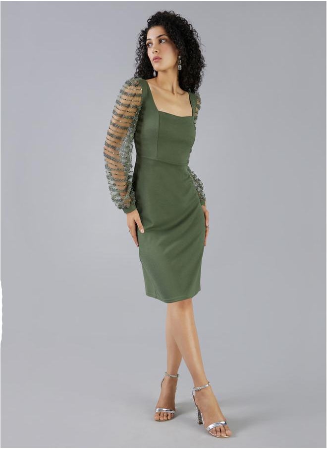 Mish - Square Neck Beaded Sleeves Sheath Knee Length Dress by Styli - Image 1