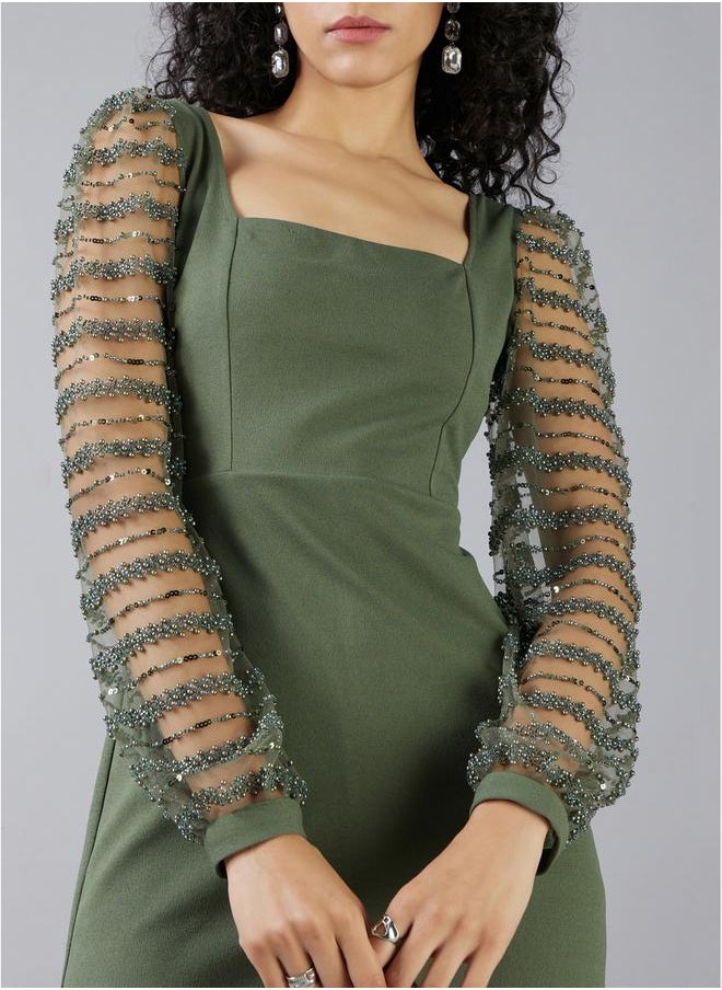 Mish - Square Neck Beaded Sleeves Sheath Knee Length Dress by Styli - Image 1