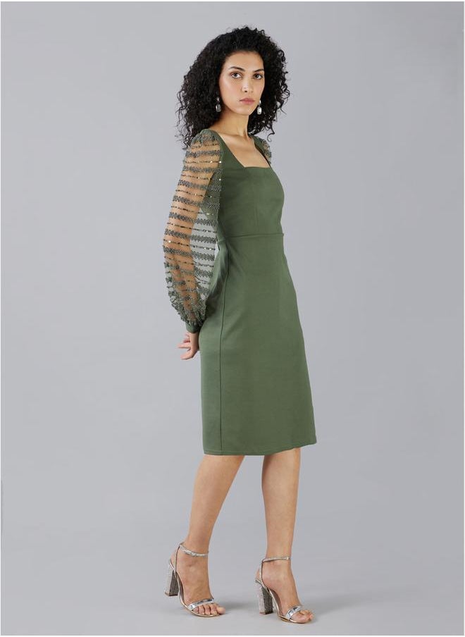 Mish - Square Neck Beaded Sleeves Sheath Knee Length Dress by Styli - Image 1