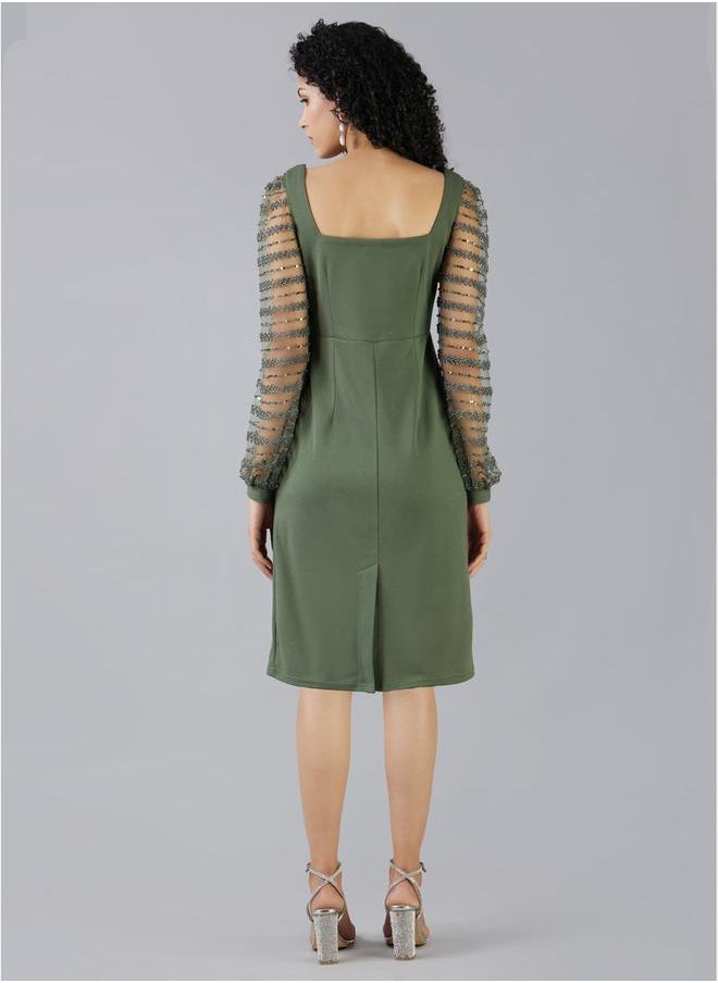 Mish - Square Neck Beaded Sleeves Sheath Knee Length Dress by Styli - Image 1