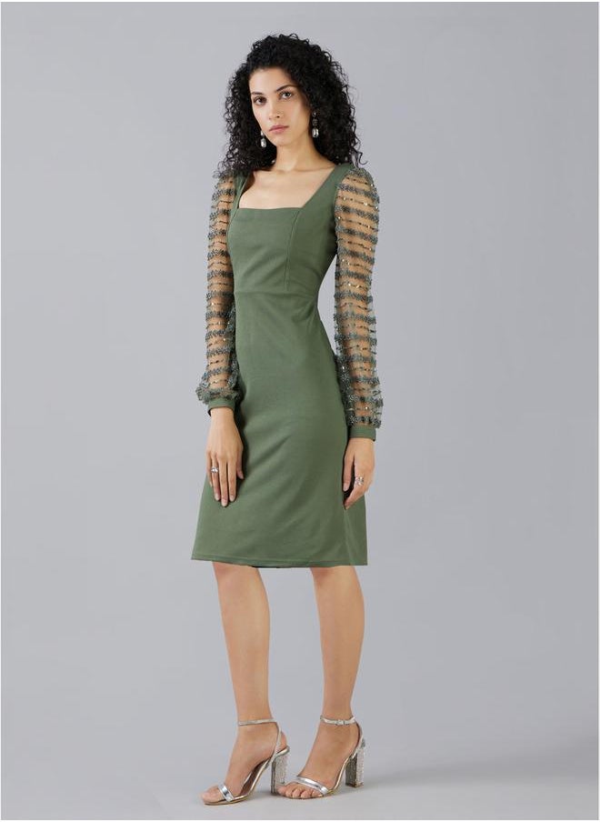 Mish - Square Neck Beaded Sleeves Sheath Knee Length Dress by Styli - Image 1