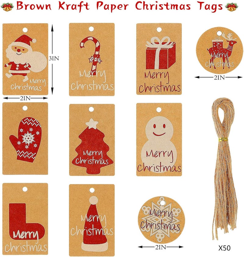 كلاراكو 3 لفات 492 قدم من شريط الرافي لعيد الميلاد باللون الأحمر والأخضر وخيوط ورق التغليف الطبيعية وشريط التغليف مع 50 قطعة من ورق الكرافت البني وعلامات عيد الميلاد لتغليف الحرف اليدوية لعيد الميلاد - Image 3