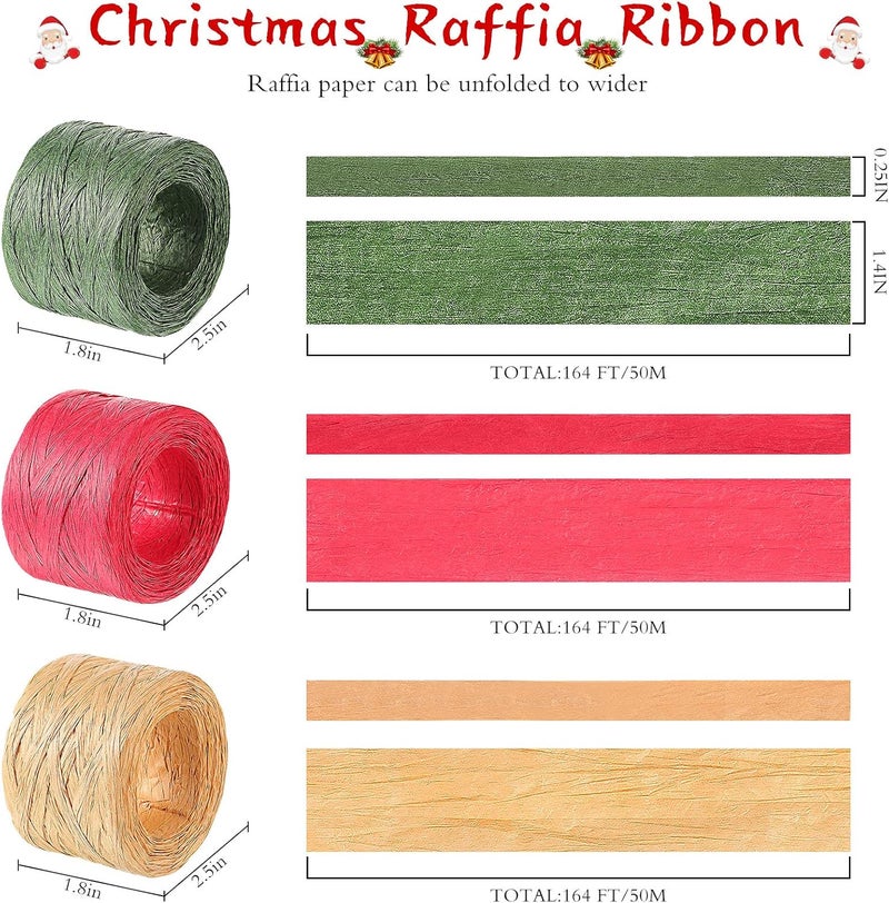 كلاراكو 3 لفات 492 قدم من شريط الرافي لعيد الميلاد باللون الأحمر والأخضر وخيوط ورق التغليف الطبيعية وشريط التغليف مع 50 قطعة من ورق الكرافت البني وعلامات عيد الميلاد لتغليف الحرف اليدوية لعيد الميلاد - Image 4