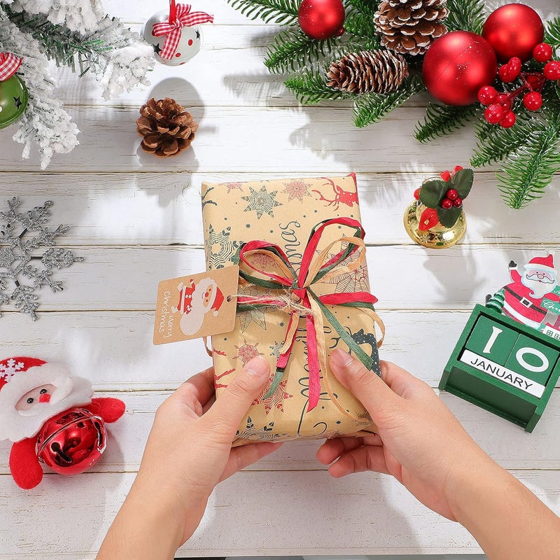 كلاراكو 3 لفات 492 قدم من شريط الرافي لعيد الميلاد باللون الأحمر والأخضر وخيوط ورق التغليف الطبيعية وشريط التغليف مع 50 قطعة من ورق الكرافت البني وعلامات عيد الميلاد لتغليف الحرف اليدوية لعيد الميلاد - Image 5
