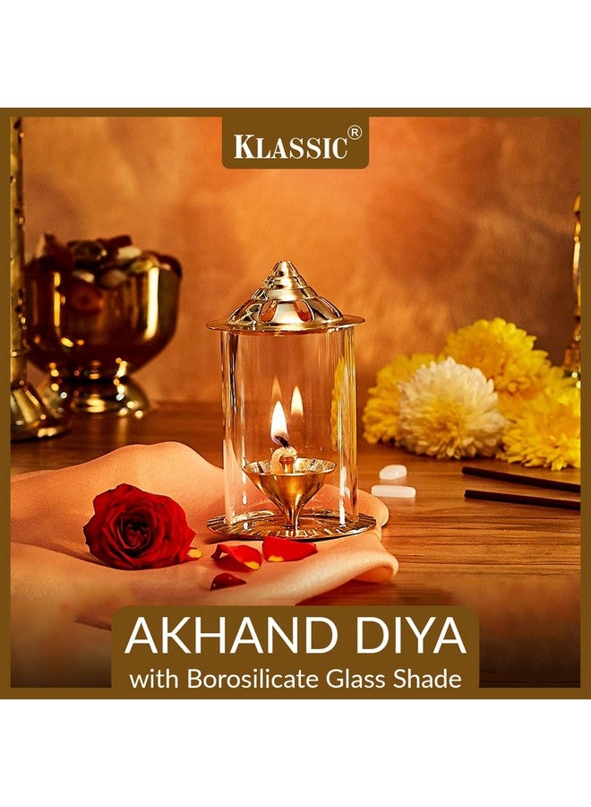 Klassic Navjyoti 4 Inch Akhand Diya With Borosilicate Glass Shade For Mandir, Decorative Brass &Glass Oil Lamp Lantern Diya With Glass Cover For Prayers, Cylindrical Borosilicate Glass Diya(Pack Of 2) - Image 3