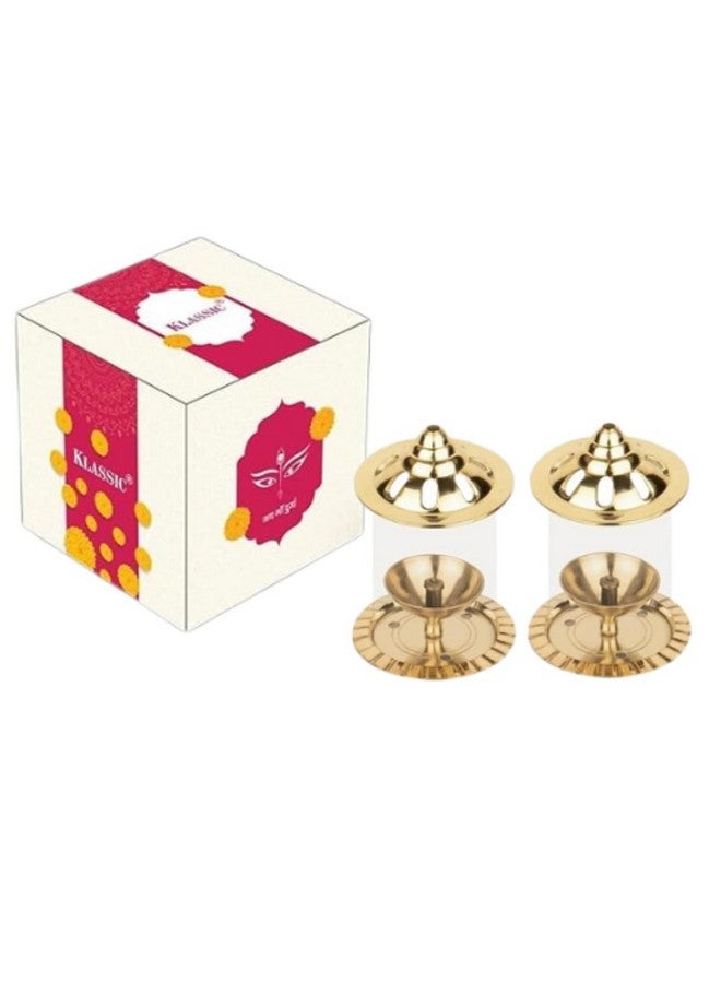 Klassic Navjyoti 4 Inch Akhand Diya With Borosilicate Glass Shade For Mandir, Decorative Brass &Glass Oil Lamp Lantern Diya With Glass Cover For Prayers, Cylindrical Borosilicate Glass Diya(Pack Of 2) - Image 1