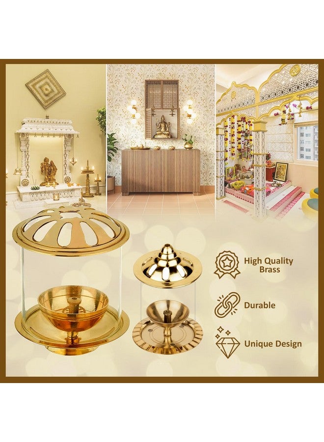 Klassic Navjyoti 4 Inch Akhand Diya With Borosilicate Glass Shade For Mandir, Decorative Brass &Glass Oil Lamp Lantern Diya With Glass Cover For Prayers, Cylindrical Borosilicate Glass Diya(Pack Of 2) - Image 4