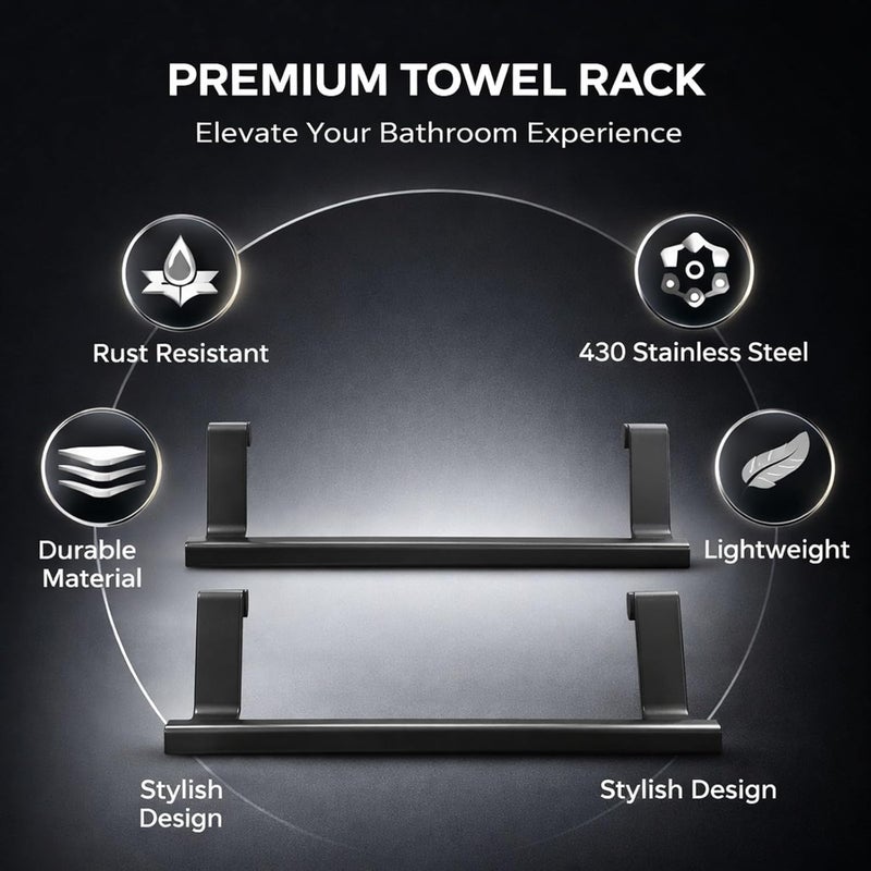 Over Door Towel Rack, 23CM Black Stainless Steel, Nail Free Punch Free, 2Pcs Set - Space Saving, Rust, Ideal for Home and Hotel Use (23CM) - Image 4