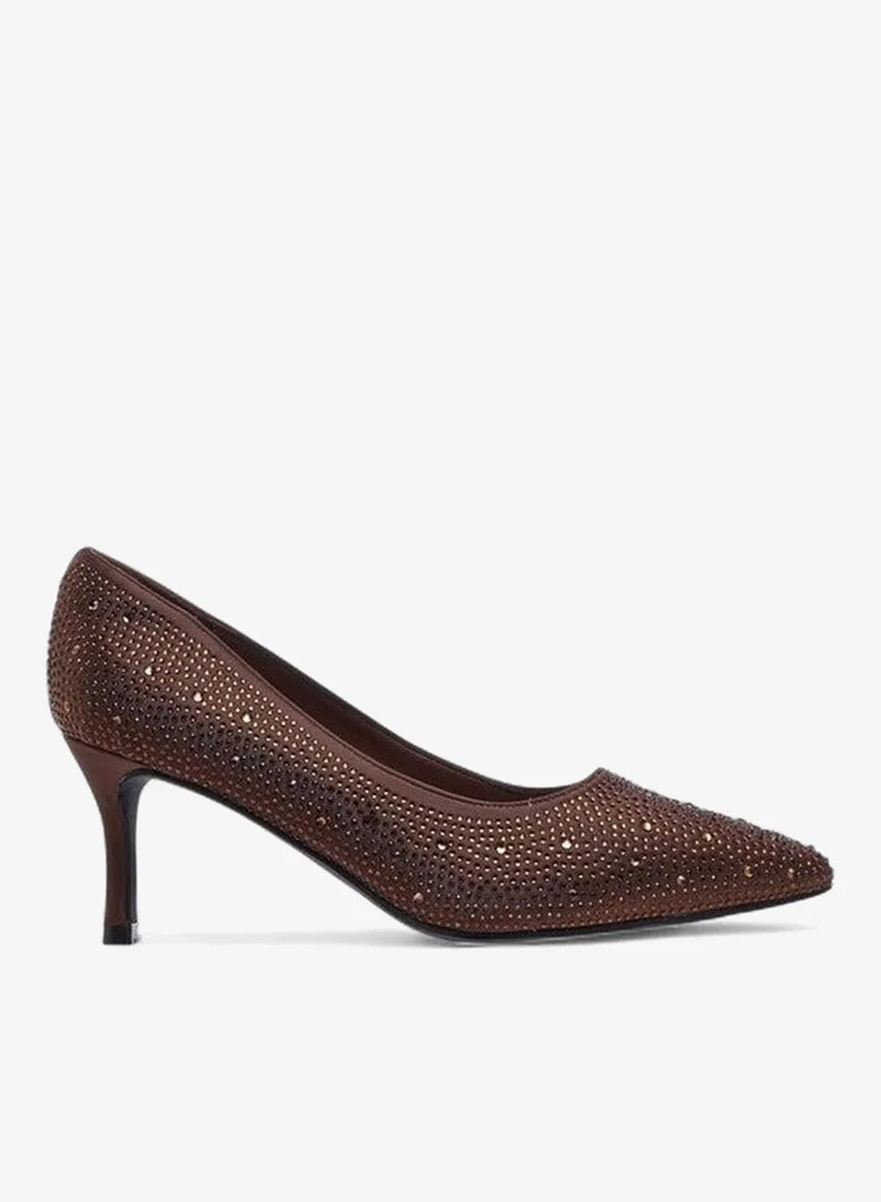 Flora Bella By Shoexpress BROWN Embellished Slip-On Pumps with Stiletto Heels for Women | Best Price UAE