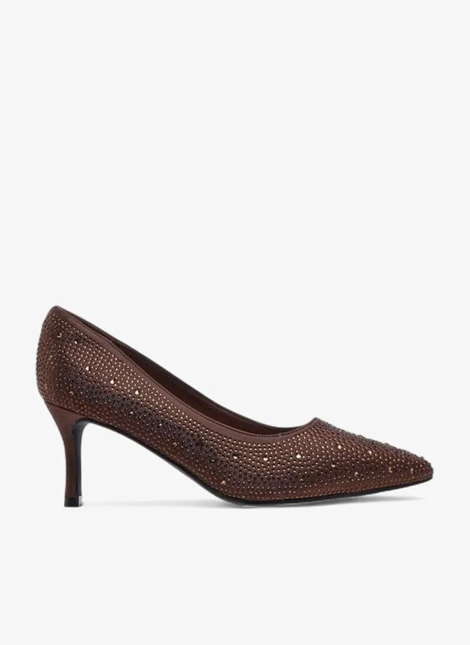 Flora Bella By Shoexpress BROWN Embellished Slip-On Pumps with Stiletto Heels for Women | Best Price UAE