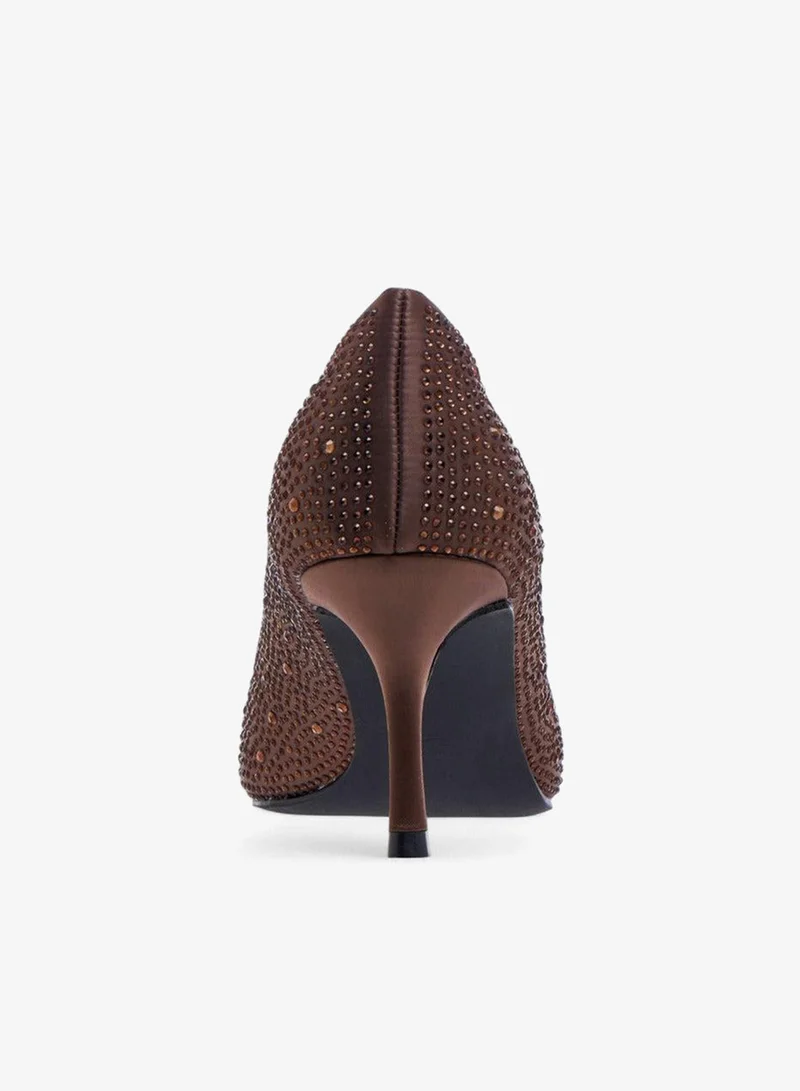 Flora Bella By Shoexpress BROWN Embellished Slip-On Pumps with Stiletto Heels for Women | Best Price UAE