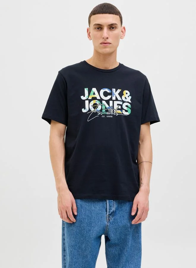 JACK & JONES Navy Blue Logo Graphic Crew Neck T-Shirt