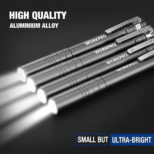 WORKPRO LED Pen Light, Aluminum Pen Flashlights, Pocket Flashlight with Clip for Inspection, Emergency, Everyday, 2AAA Batteries Include, Gray(4-Pack) - Image 3