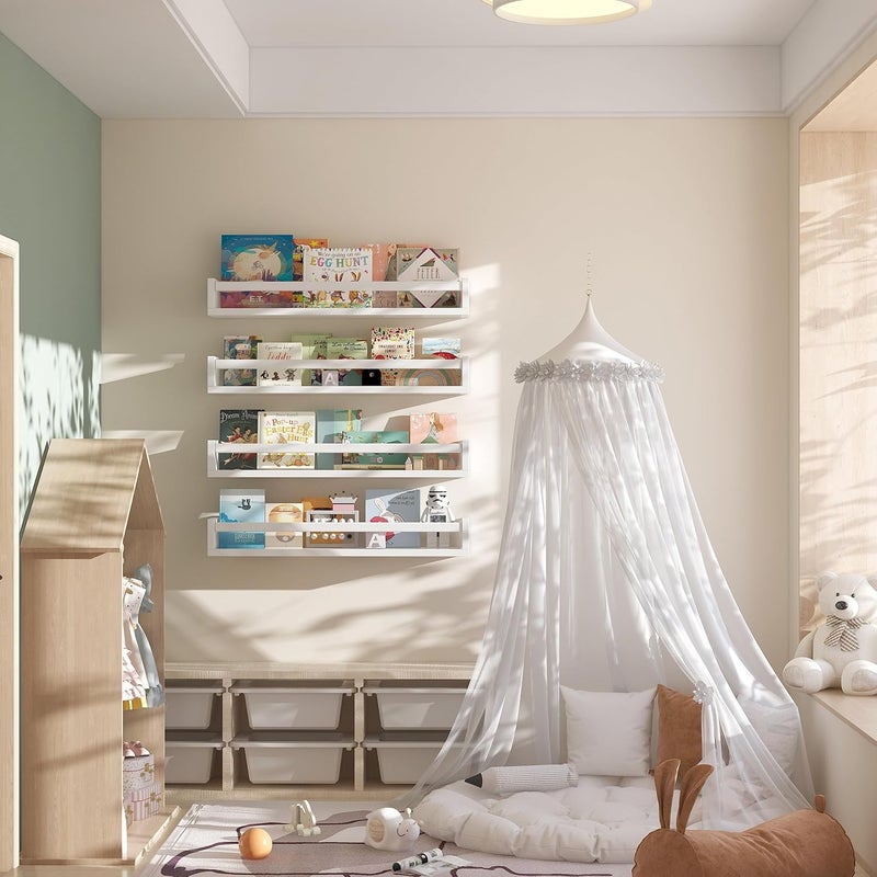 Onlysky Set of 4 Wall-Mounted Kid's Bookshelf - White Floating Nursery Book Shelves - Durable Wood Construction - Ideal for Nursery Decor, Kids Room, Toy Storage - Image 5