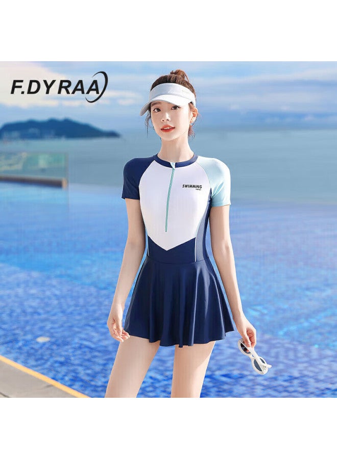 F.dyraa Women's Conservative One-piece Swimsuit For Hot Springs, Tummy Control Slimming Swimwear Three-piece Set 13002 Moonlight Blue L - Image 1