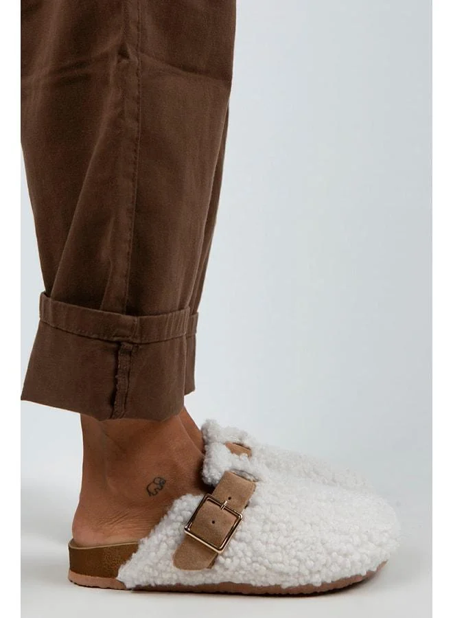 Manijero Suzen Women's Textile Fur-Lined Genuine Leather Belted Buckle Slippers White - Tan - White