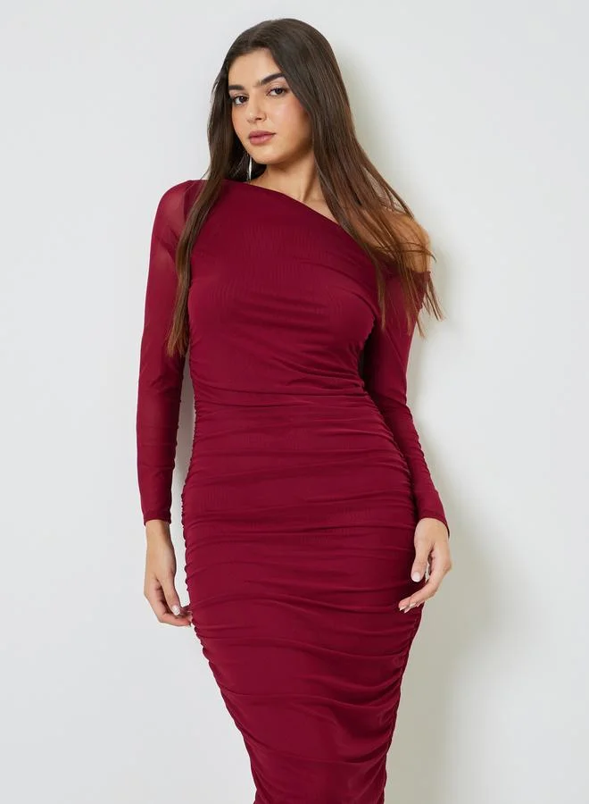 تايك تو Burgundy Ruched Bodycon Midi Dress