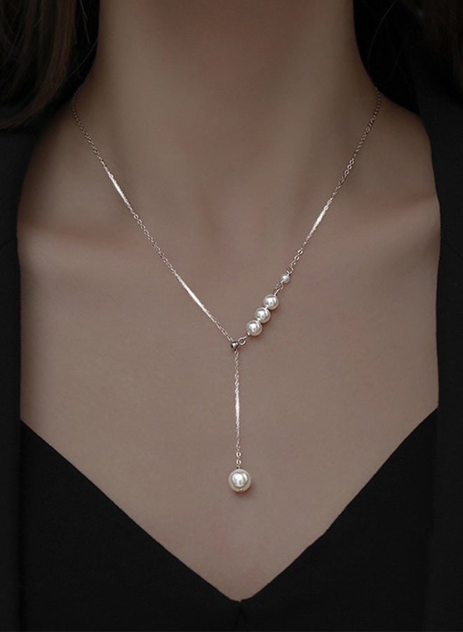 DUNISO Pearl Necklace 925 Sterling Silver Choker Necklace Silver Choker Chain Pearl Pendant Necklace Simple Necklace Chain Jewelry for Women Teen Girls - Image 5