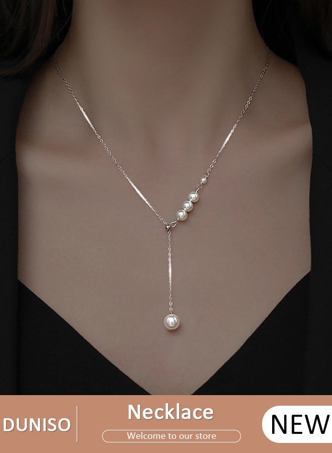 DUNISO Pearl Necklace 925 Sterling Silver Choker Necklace Silver Choker Chain Pearl Pendant Necklace Simple Necklace Chain Jewelry for Women Teen Girls - Image 1