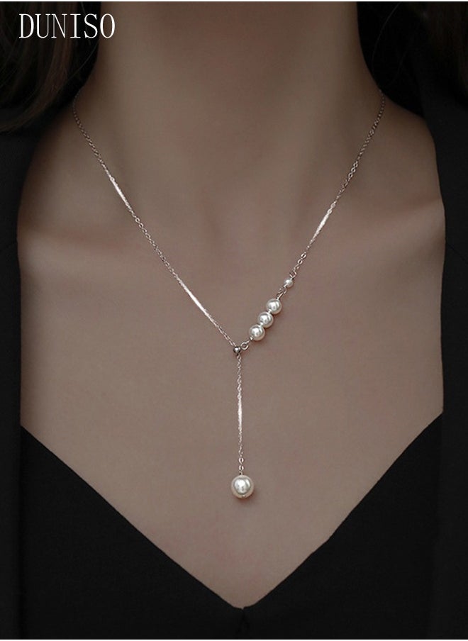 DUNISO Pearl Necklace 925 Sterling Silver Choker Necklace Silver Choker Chain Pearl Pendant Necklace Simple Necklace Chain Jewelry for Women Teen Girls  - Image 4