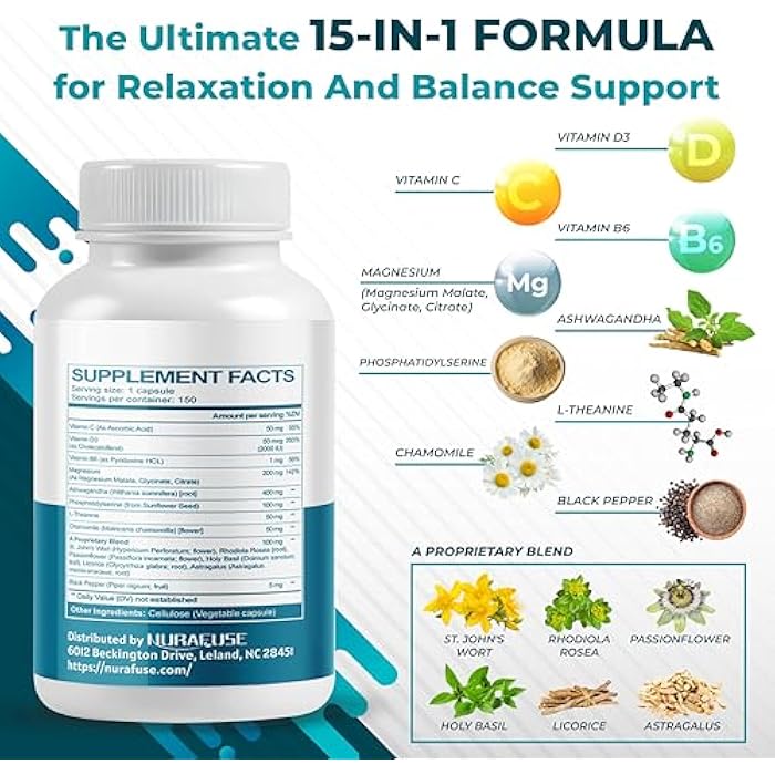 NURAFUSE CORTISOL Health Ashwagandha 15-in-1 Supplement with Magnesium Phosphatidylserine L-Theanine Chamomile Rhodiola Rosea Licorice Holy Basil - Image 4