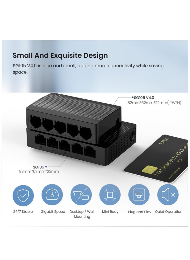 Generic - SG105, 5 Port Gigabit Switch, Unmanaged Ethernet Switch, Office Ethernet Splitter, Plug & Play, Plastic Case, Desktop/ Wall-Mount, Fanless Quiet, Limited Lifetime Protection - Image 1