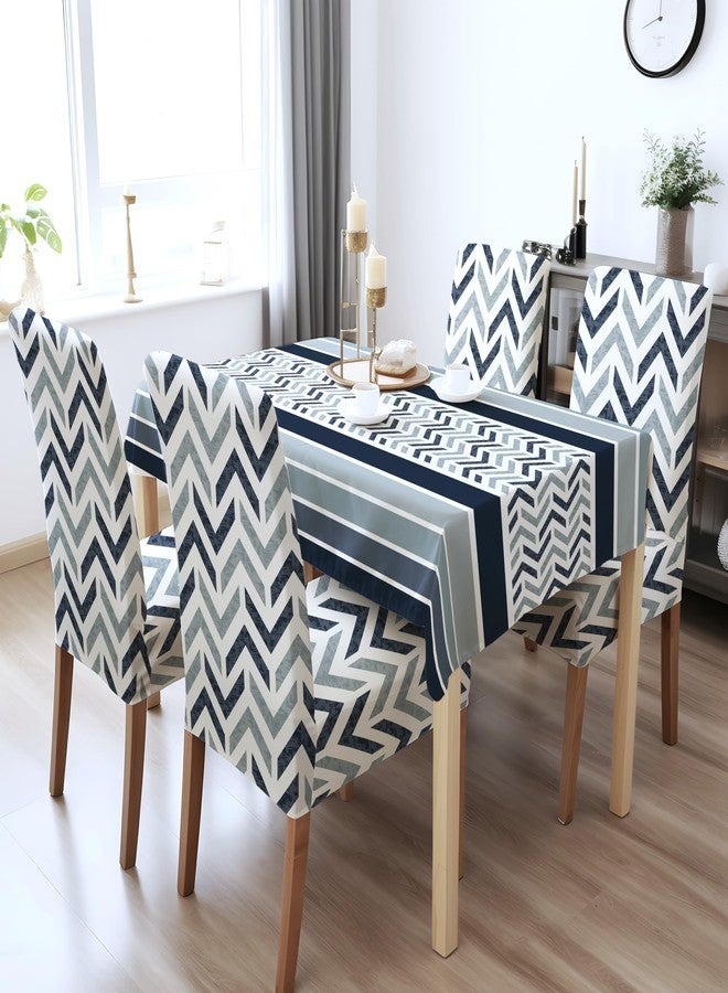 BRIDA® Polyester Spandex Stretchable Floral Geometric Printed Dining Chair Covers Elastic Chair Seat Case Protector, Slipcovers (4 Seater Table Cover + 4 Chair Cover, Zigzag Blue) - Image 1