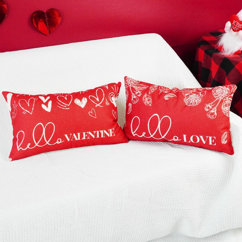 ONWAY Valentine's Day Throw Pillow Covers 12x20 Set of 2 Farmhouse Hello Valentines Heart Rose Decorations Outdoor Red Patio Cushion Cover for Sofa Couch Home Bed - Image 3