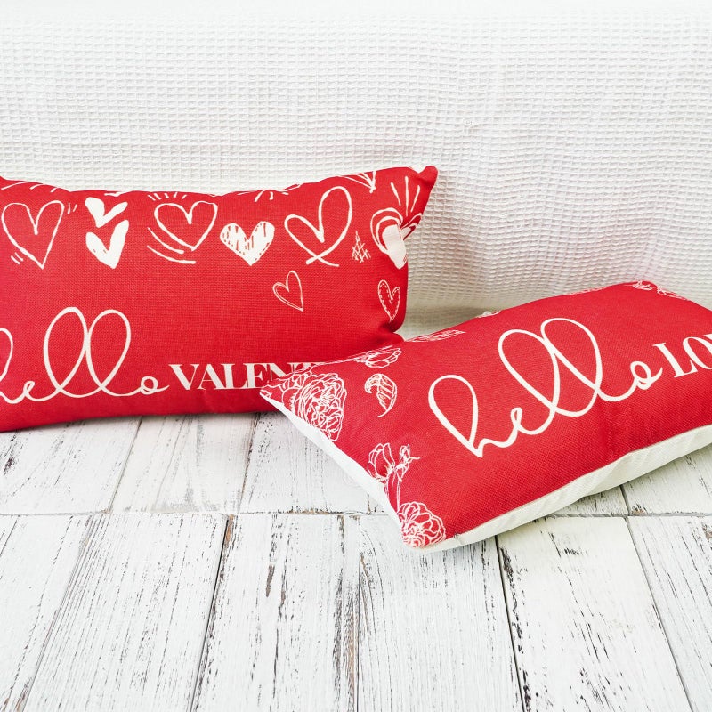 ONWAY Valentine's Day Throw Pillow Covers 12x20 Set of 2 Farmhouse Hello Valentines Heart Rose Decorations Outdoor Red Patio Cushion Cover for Sofa Couch Home Bed - Image 4