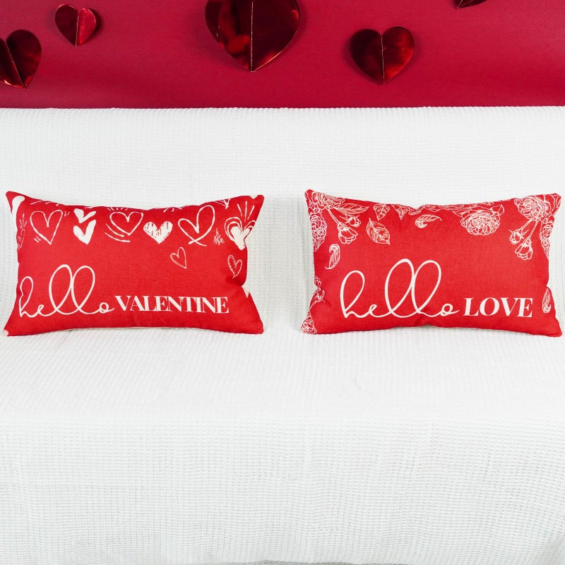 ONWAY Valentine's Day Throw Pillow Covers 12x20 Set of 2 Farmhouse Hello Valentines Heart Rose Decorations Outdoor Red Patio Cushion Cover for Sofa Couch Home Bed - Image 2