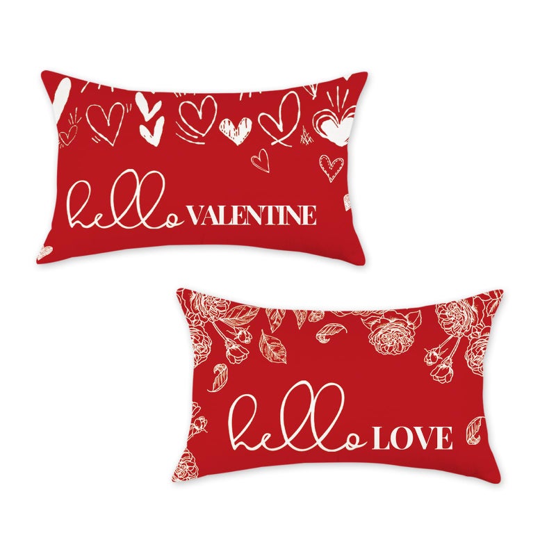 ONWAY Valentine's Day Throw Pillow Covers 12x20 Set of 2 Farmhouse Hello Valentines Heart Rose Decorations Outdoor Red Patio Cushion Cover for Sofa Couch Home Bed - Image 1