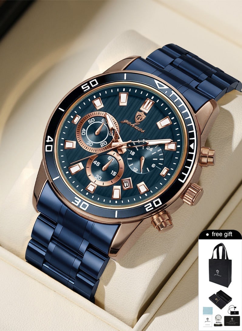 GOHUOS Men's Watches, Top Brand Luxury Stainless steel Analog Waterproof  Chronograph Luminous Casual Quartz Sports Wrist Watch Boyfriend Gift - 44mm - Image 1