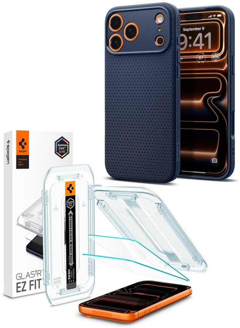 Spigen iPhone 17 Pro MAX Liquid Air Navy Blue Case Cover With GLAStR EZ FIT 2-Pack Screen Protector Clear - Image 1