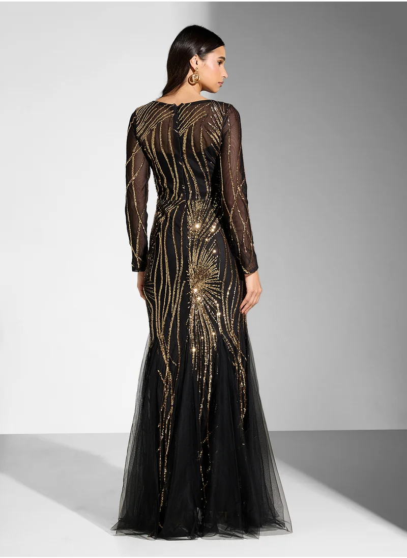 Little Mistress Mesh Sequin Long Sleeve Round Neck Fishtail  Dress