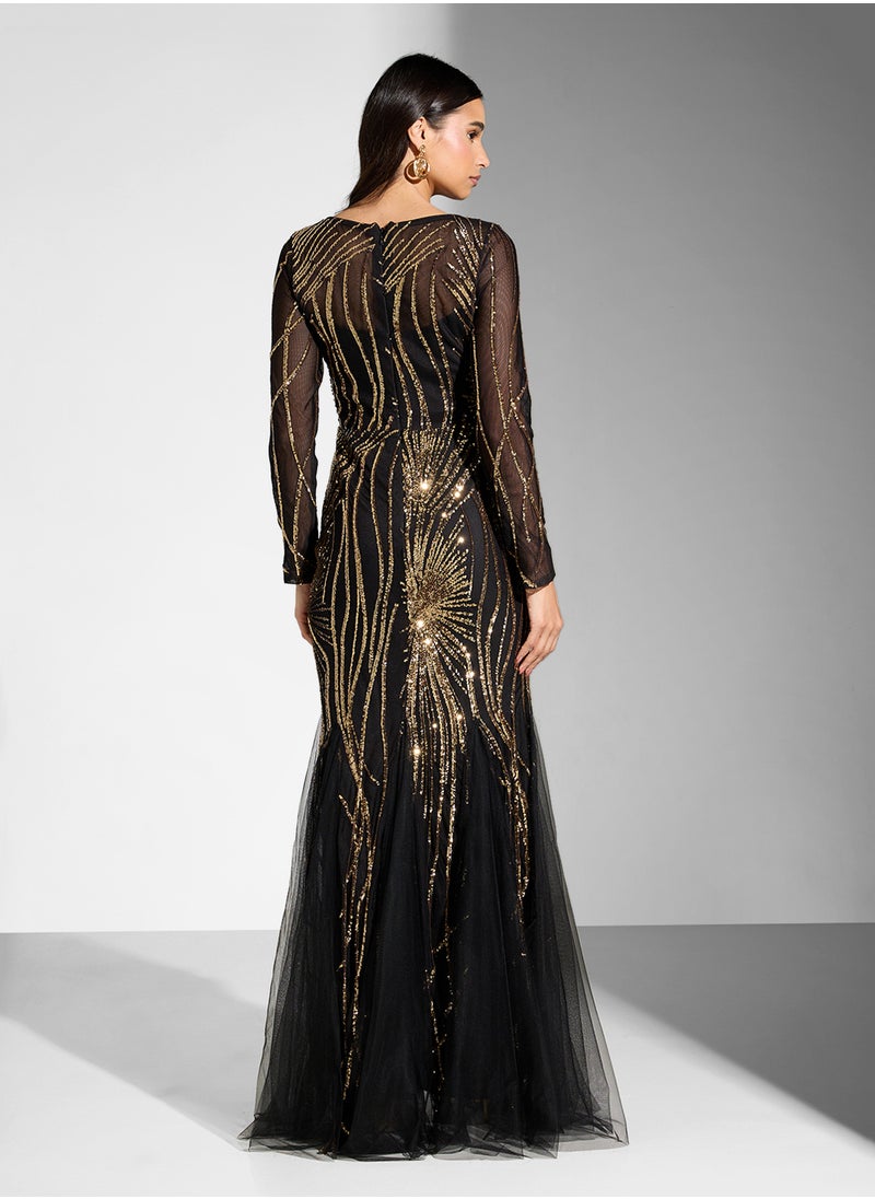 Little Mistress Mesh Sequin Long Sleeve Round Neck Fishtail  Dress  - Image 2
