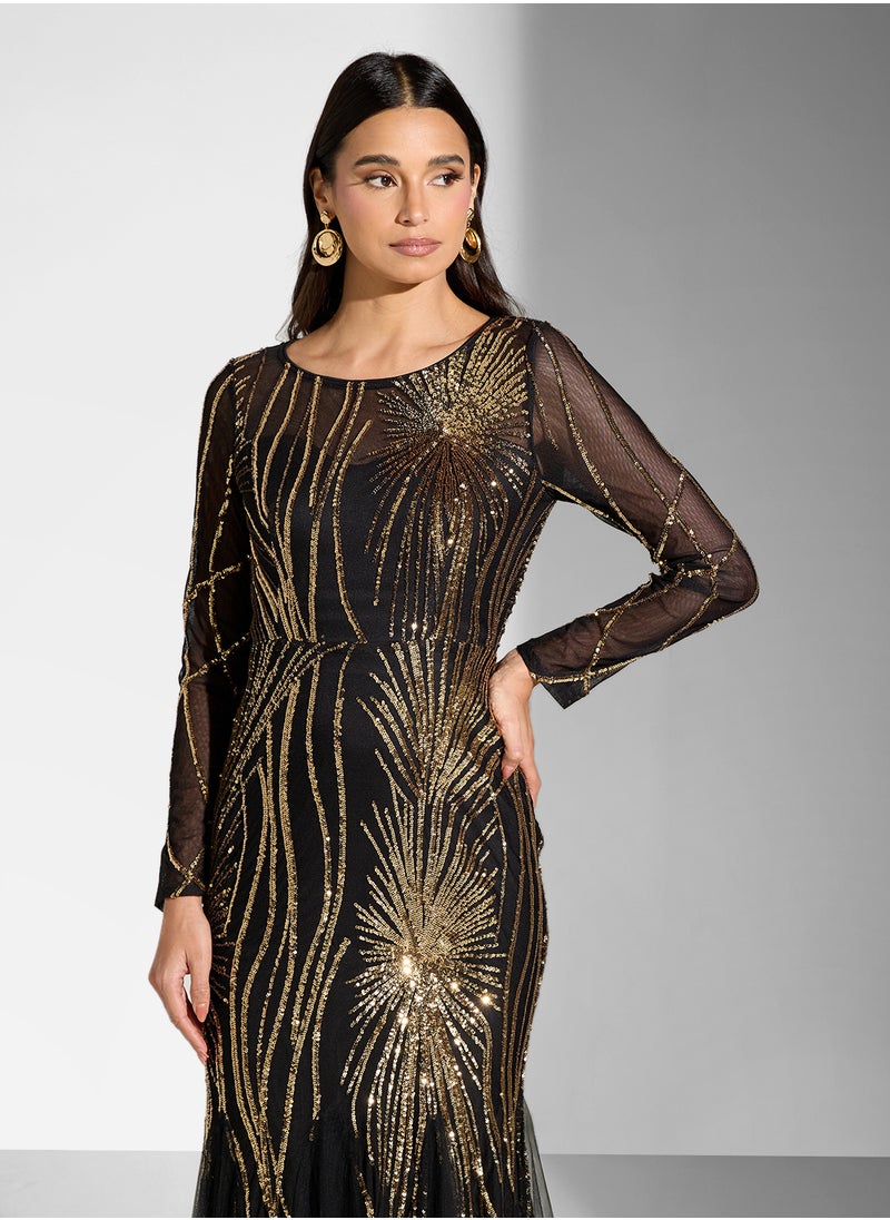 Little Mistress Mesh Sequin Long Sleeve Round Neck Fishtail  Dress  - Image 3