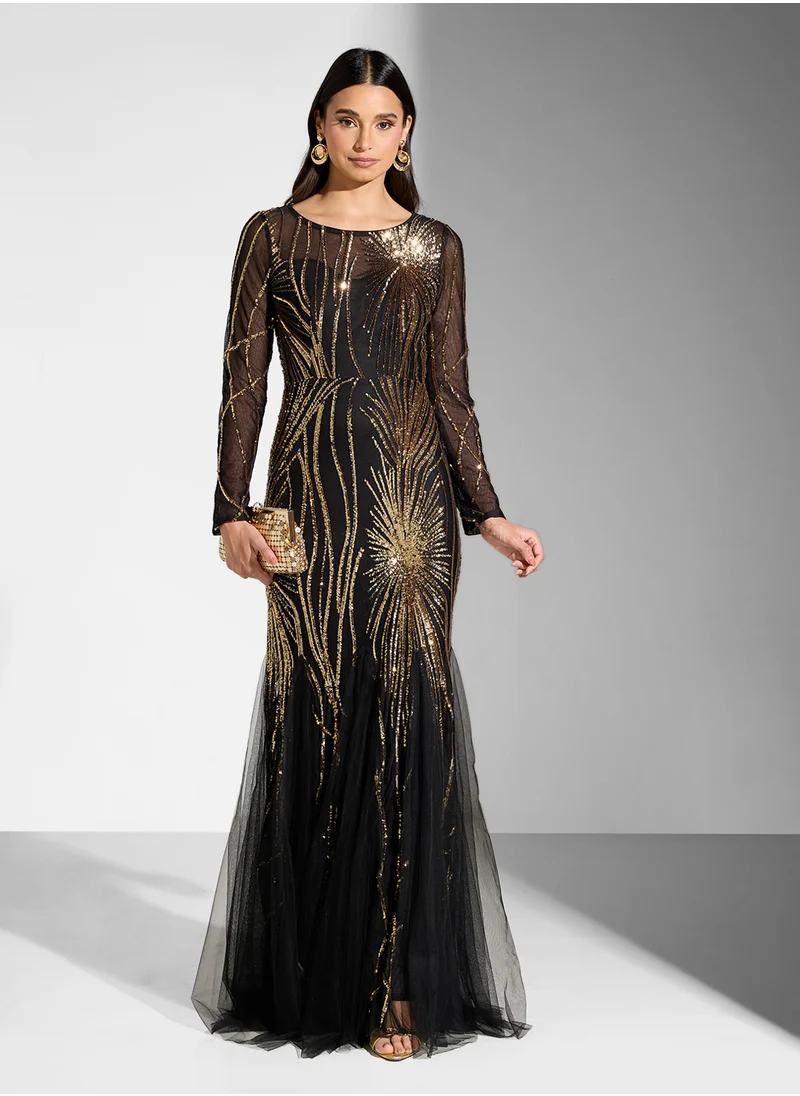 Little Mistress Mesh Sequin Long Sleeve Round Neck Fishtail  Dress