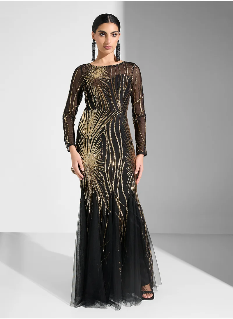 ليتل مسترس Mesh Sequin Long Sleeve Round Neck Fishtail  Dress